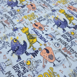 Stoff Baumwolle French Terry Monster blau curry lachs grau bunt