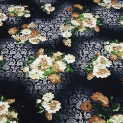 Stoff Viskose Jersey Blumen Ornamente schwarz grau grün braun