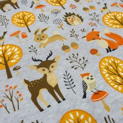 Stoff Baumwolle French Terry Füchse Hasen Eulen grau orange