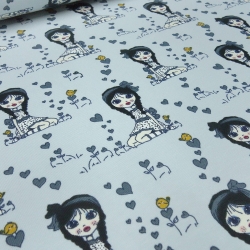 Stoff Baumwolle Jersey Mädchenstoff Girl Herzen blaugrau bunt