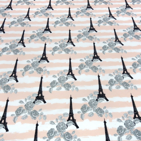 Stoff Baumwoll French Terry Eiffelturm Rosen Streifen lachs weiß