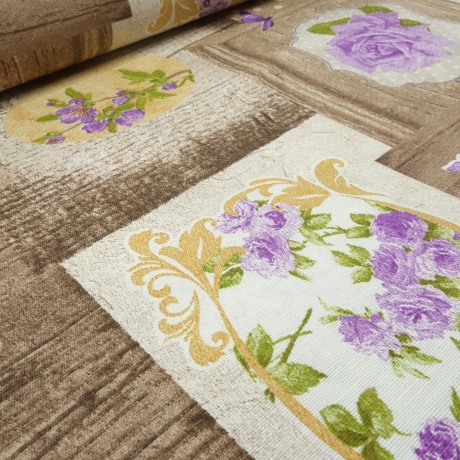 Stoff Dekostoff Blumen Herzen Holz braun beige flieder grün bunt