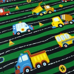 Stoff Baumwolle Jersey Autos Polizeiauto LKW grün gelb blau bunt