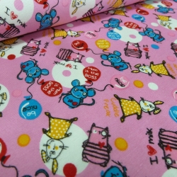 Stoff Baumwolle Jersey Mäuse Hasen Katzen rosa rot blau bunt