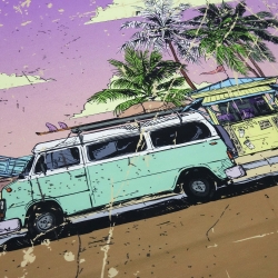 Stoff Baumwolle French Terry Panel 72x148cm Bulli Palmen bunt