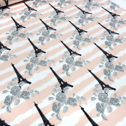 Stoff Baumwoll French Terry Eiffelturm Rosen Streifen lachs weiß