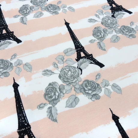 Stoff Baumwoll French Terry Eiffelturm Rosen Streifen lachs weiß