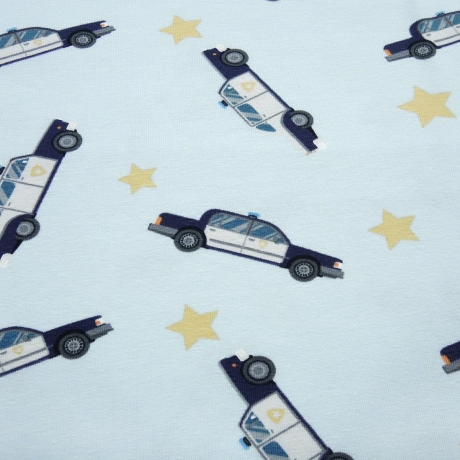 Stoff Baumwolle Jersey Polizei Autos Sterne hellblau blau bunt