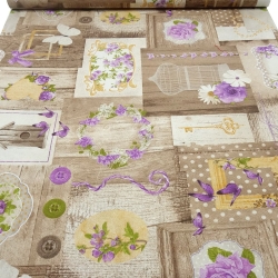 Stoff Dekostoff Blumen Herzen Holz braun beige flieder grün bunt