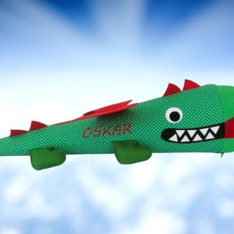 Schultüte Drache aus Stoff mit Kissen und Name bestickt