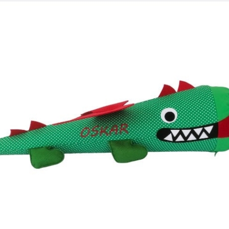 Schultüte Drache aus Stoff mit Kissen und Name bestickt
