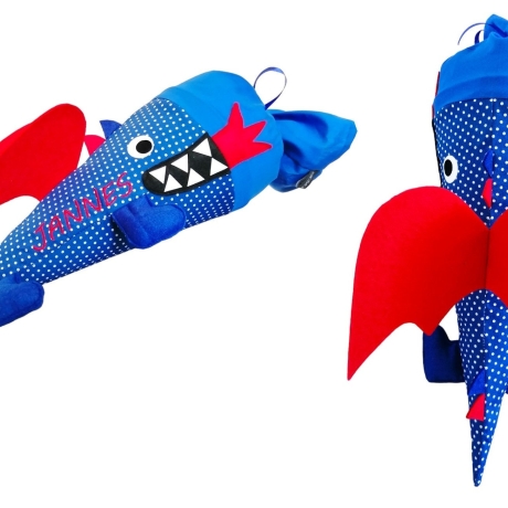 Kindergarten- Geschwistertüte Drache mit Kissen u. Namen bestickt
