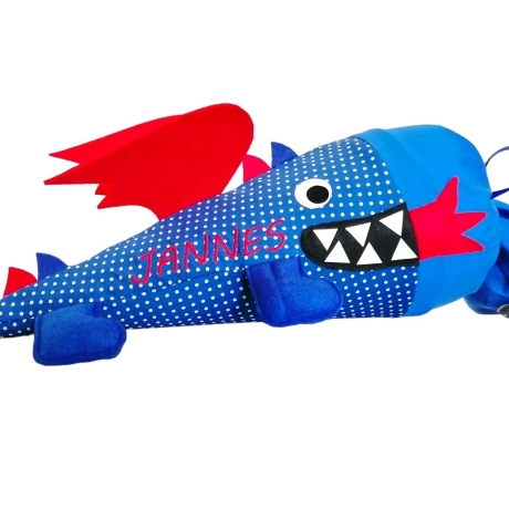 Kindergarten- Geschwistertüte Drache mit Kissen u. Namen bestickt
