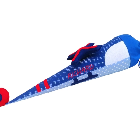 Schultüte Helikopter mit Kissen und Name bestickt, blau rot