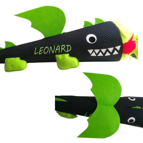Schultüte Drache aus Stoff mit Kissen und Name individuell 