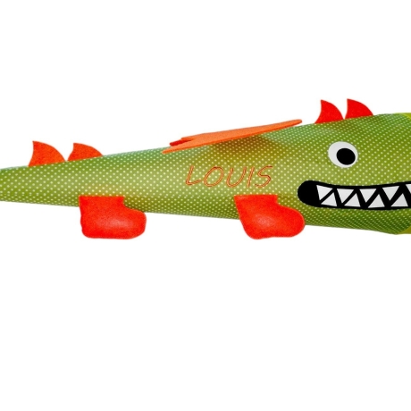 Schultüte Drache aus Stoff mit Kissen und Name bestickt