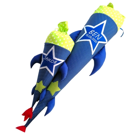 Schultüte Rakete mit Stern und Kissen, Name gestickt