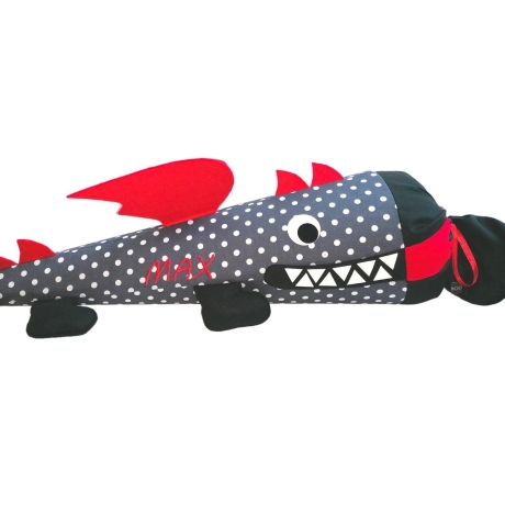 Schultüte Drache aus Stoff mit Kissen und Name bestickt