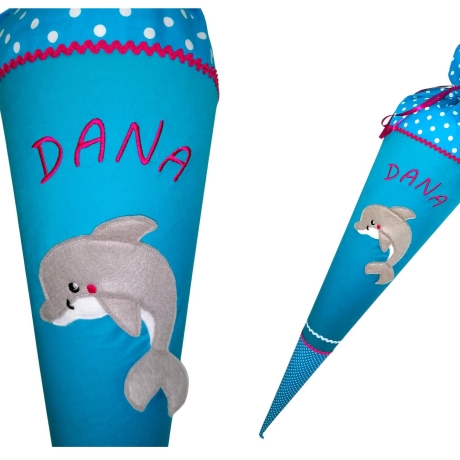 Schultüte Delfin mit Kissen und Name bestickt