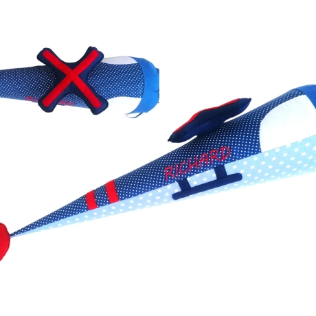Schultüte Helikopter mit Kissen und Name bestickt, blau rot