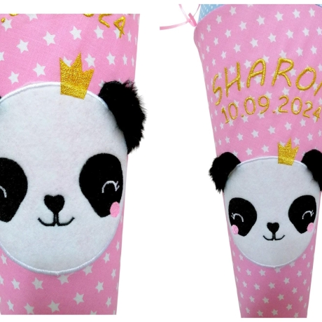 Schultüte Pandabär mit Kissen und Name in Gold bestickt