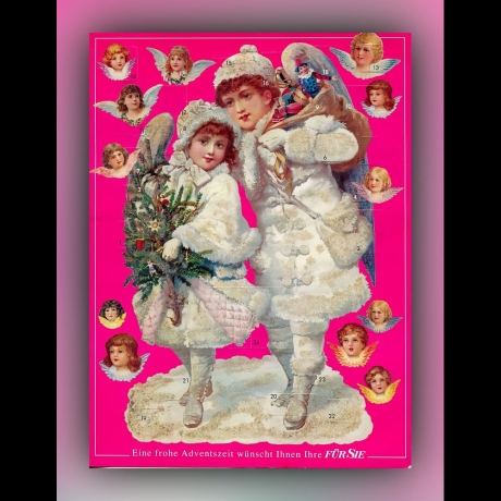Pink Adventskalender mit Wintermotiv und Engelsköpfen