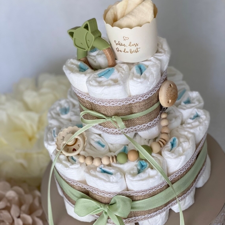 Windeltorte Fuchs - neutral in grün und weiß zur Geburt/Babyparty