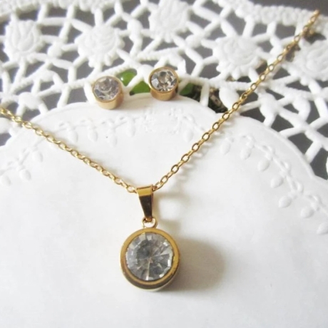 Set Ohrringe Halskette mit Kristallsteinen Edelstahl in Gold 