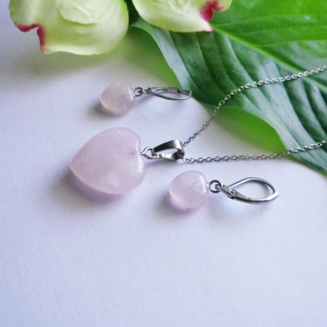Set Ohrringe Halskette Rosenquarz Edelstahl in Silber 