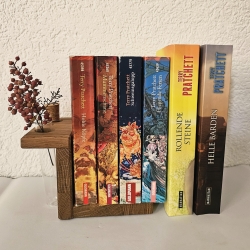 2 Buchstützen aus Holz mit je zwei Reagenzgläsern, Bücherregal