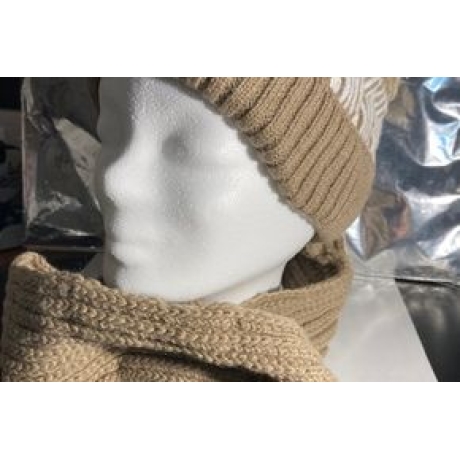 Damen-Winter-Beanie-Mütze mit integriertem Schal, beige, neu