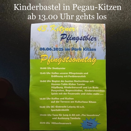Kinderbasteln in Kitzen bei Pegau zu Pfingsten 8.Juni ab 13 Uhr