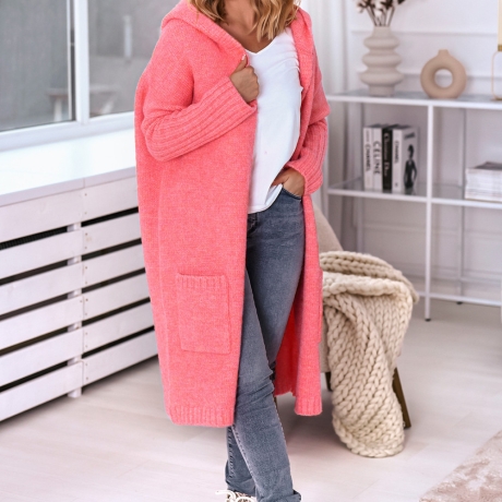 Oversized Strickmantel lange Strickjacke Cardigan Koralle M-2XL