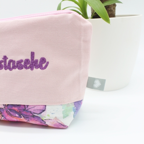 Bestickte Kosmetiktasche Rosa „Glückstasche“ - handmade Unikat