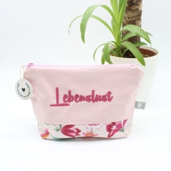Bestickte Kosmetiktasche Rosa „Lebenslust“ - handgenähtes Unikat