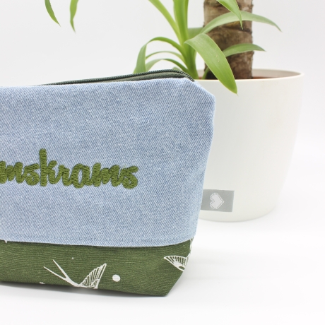 Bestickte Kosmetiktasche Jeans „Krimskrams“ – handmade Unikat