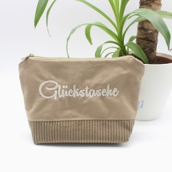 Bestickte Universaltasche Braun „Glückstasche“ Regenbogen genäht