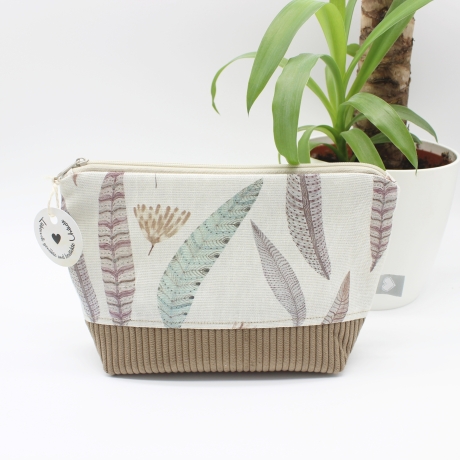 Universaltäschchen aus Canvas & Cord - Beige mit Federn 