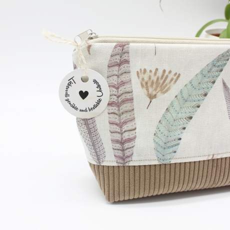 Universaltäschchen aus Canvas & Cord - Beige mit Federn 
