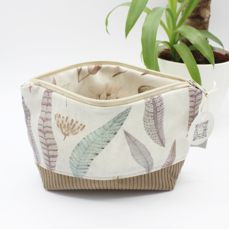 Universaltäschchen aus Canvas & Cord - Beige mit Federn 