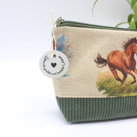 Universaltäschchen aus Canvas & Cord - Pferdeliebe Grün Braun