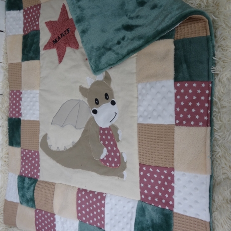 Krabbeldecke Drache, Patchworkdecke, Kuscheldecke, Tagesdecke