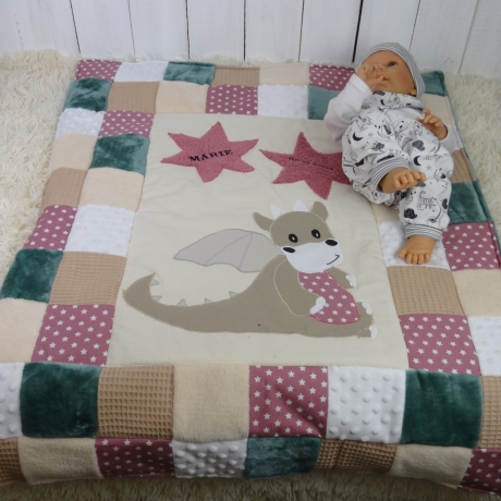 Krabbeldecke Drache, Patchworkdecke, Kuscheldecke, Tagesdecke