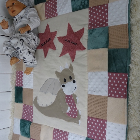 Krabbeldecke Drache, Patchworkdecke, Kuscheldecke, Tagesdecke