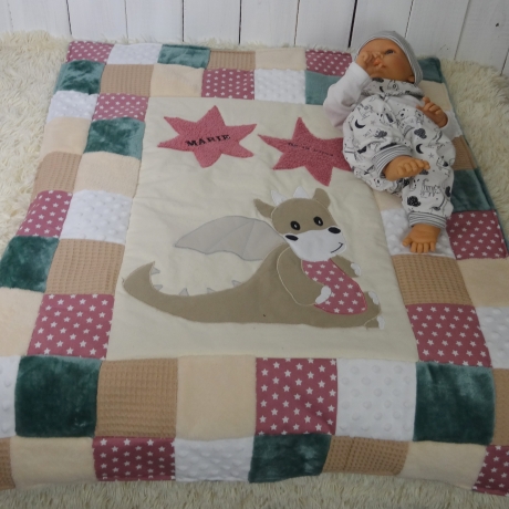 Krabbeldecke Drache, Patchworkdecke, Kuscheldecke, Tagesdecke