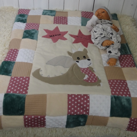 Krabbeldecke Drache, Patchworkdecke, Kuscheldecke, Tagesdecke