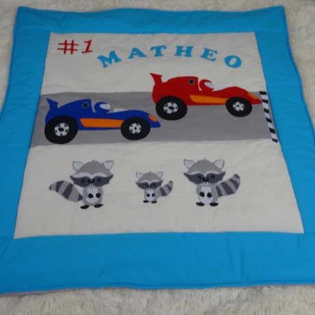Krabbeldecke Rennwagen, Patchwork, Kuscheldecke, Tagesdecke