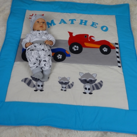 Krabbeldecke Rennwagen, Patchwork, Kuscheldecke, Tagesdecke