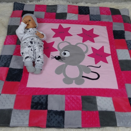 Krabbeldecke Maus, Patchwork, Kuscheldecke, Tagesdecke