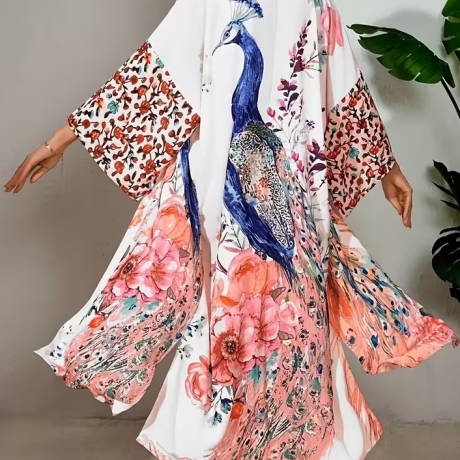 Kimono, lang, Motiv Pfau, weiß-rosa, mit Gürtel, neu